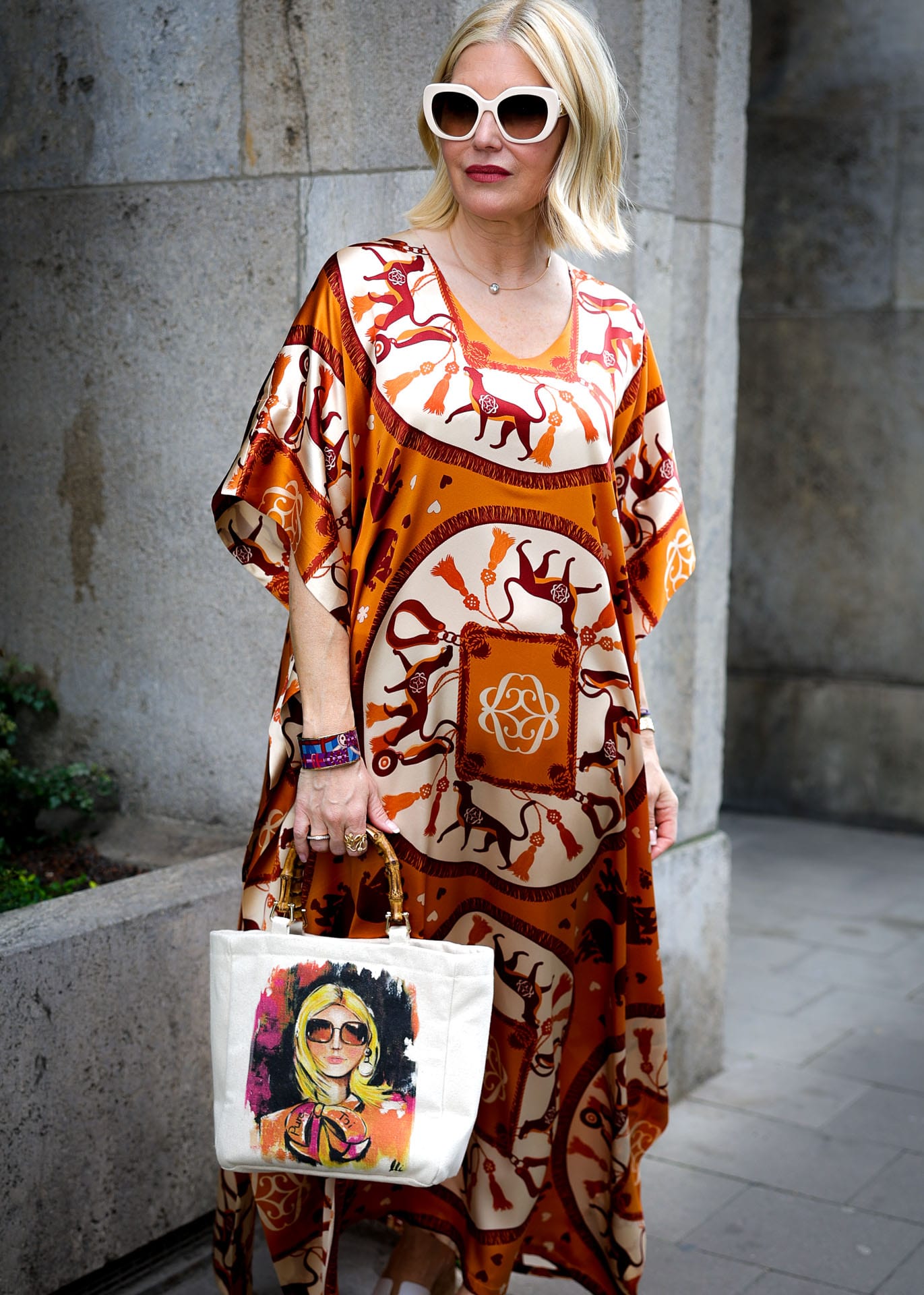 Robe caftan motif signature orange