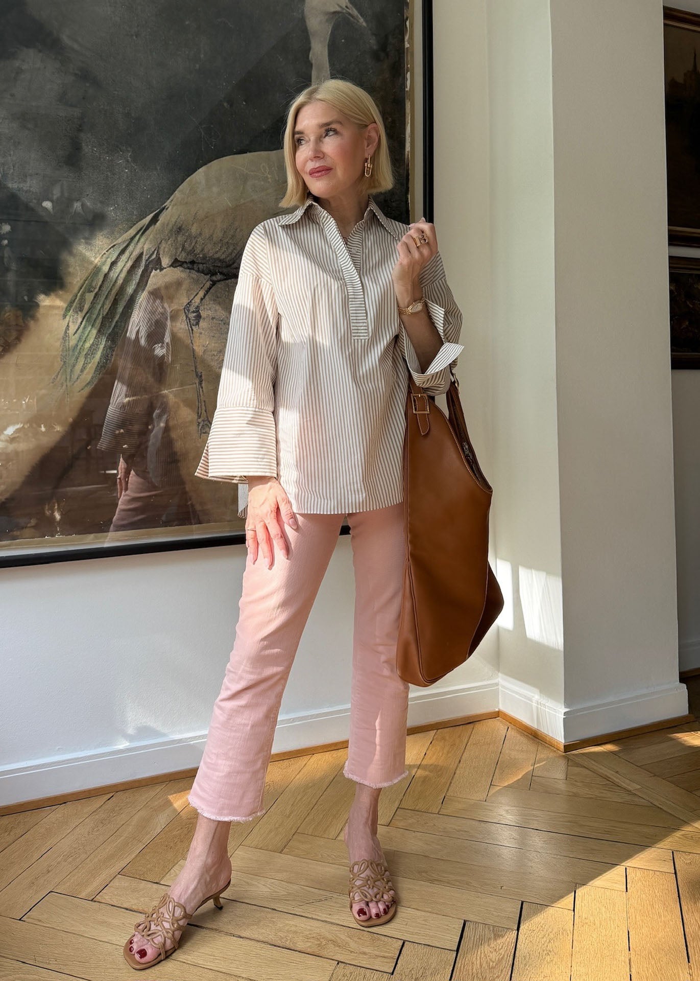 Bluse Beige gestreift mit XL-Manschette