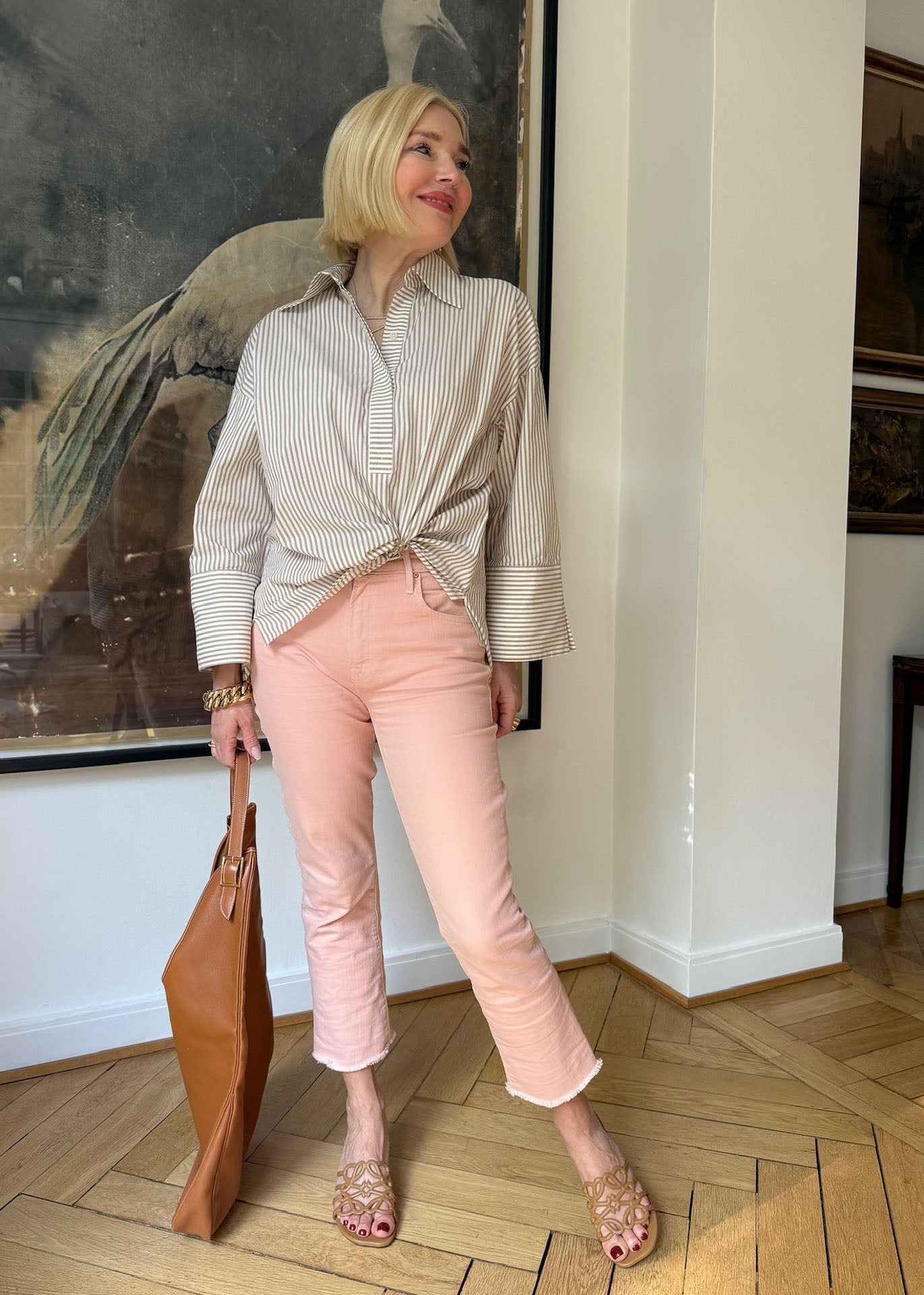Bluse Beige gestreift mit XL-Manschette