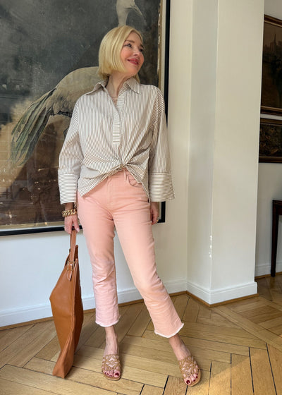 Bluse Beige gestreift mit XL-Manschette