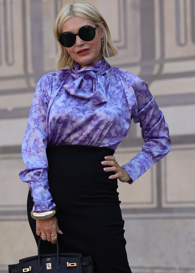 Silk blouse with a purple tie