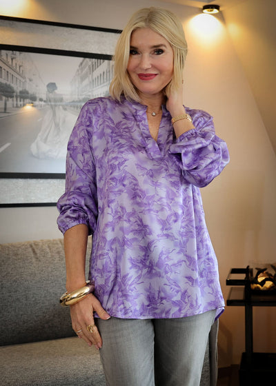 Silk tunic bird purple