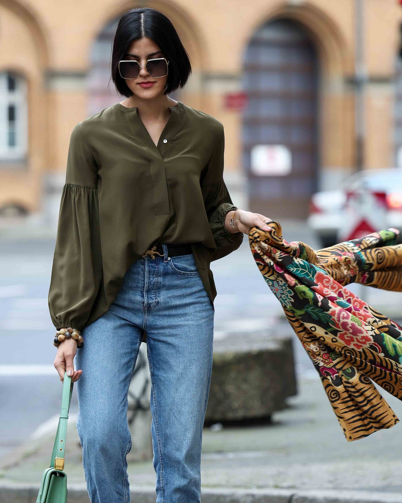 Stand collar blouse silk olive
