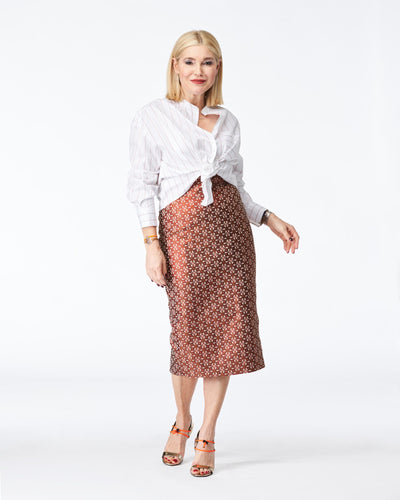 Stand-up collar blouse white &amp; cognac striped