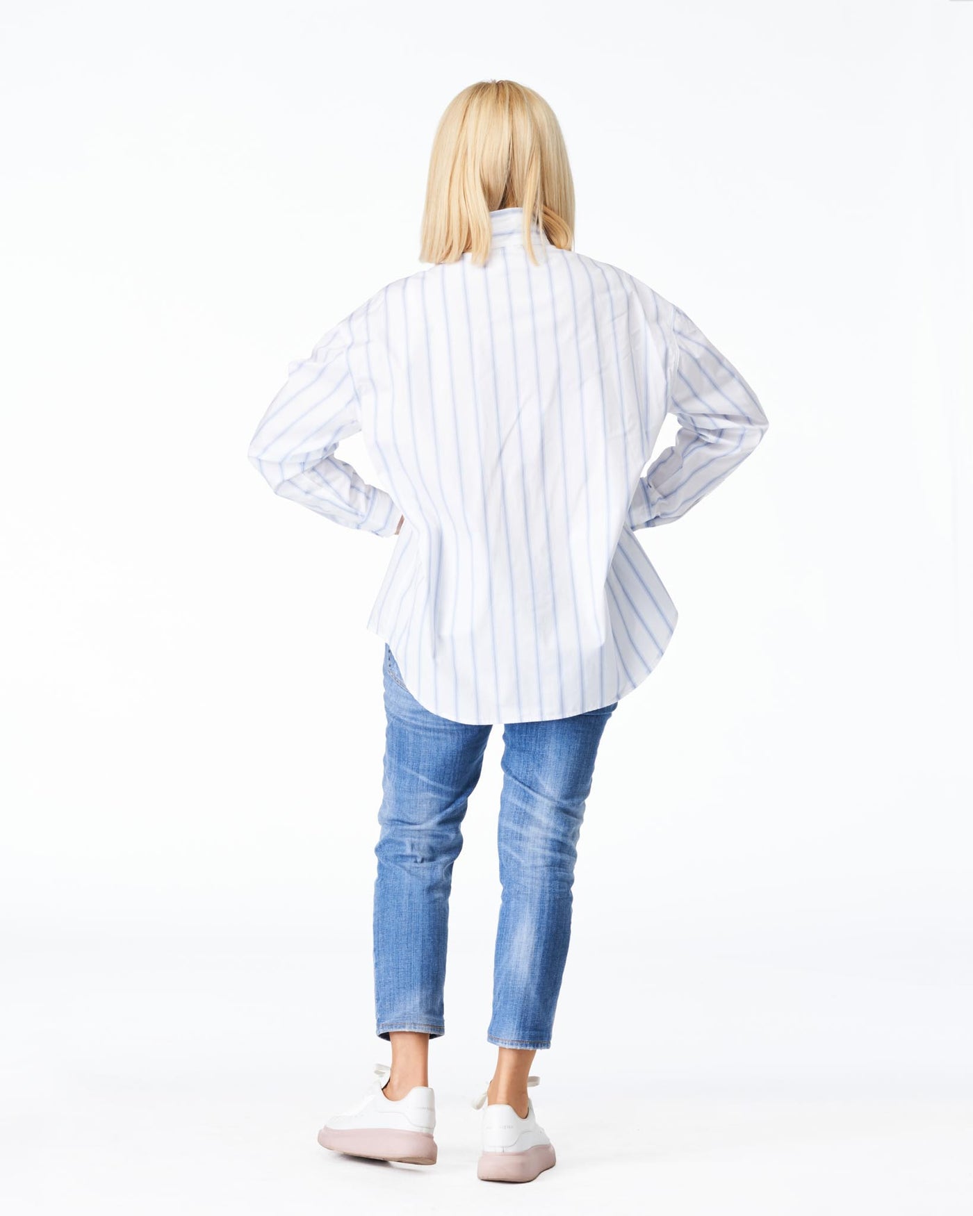 Stand-up collar blouse white & blue striped