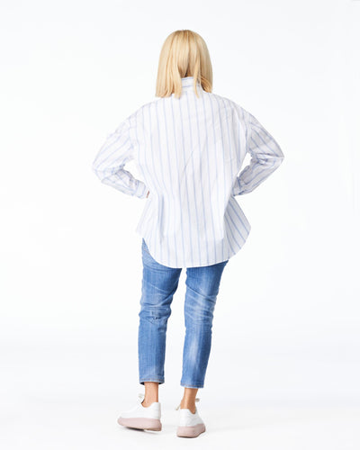 Stand-up collar blouse white & blue striped