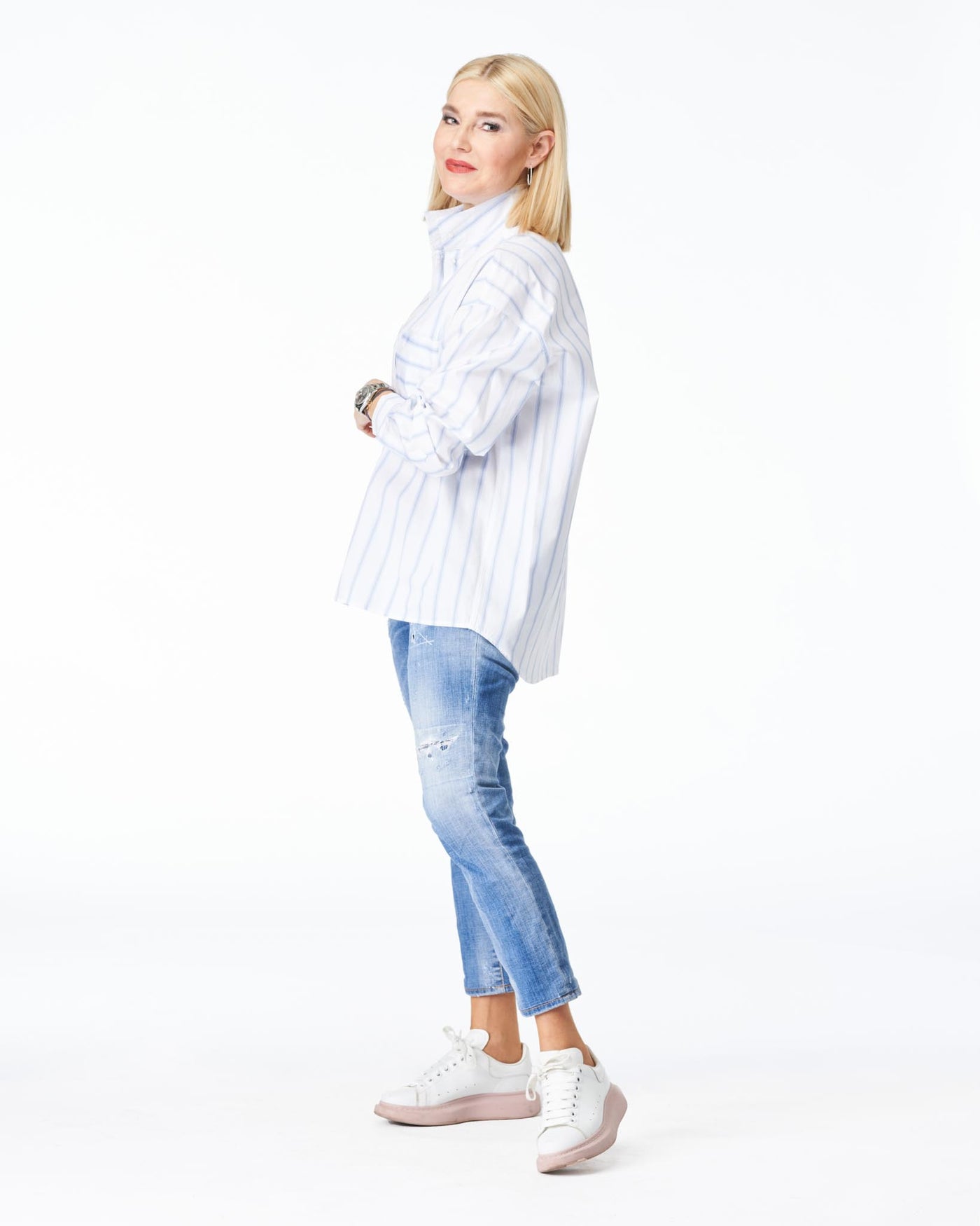 Stand-up collar blouse white & blue striped