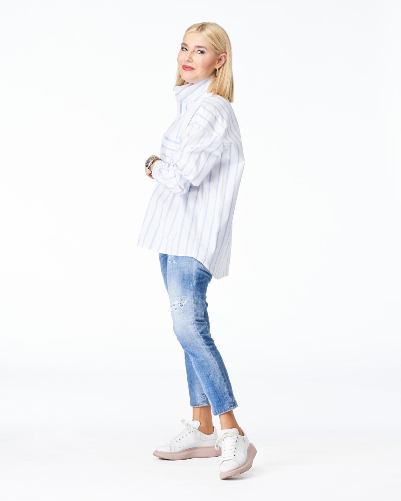 Stehkragenbluse Weiß&Blau Gestreift