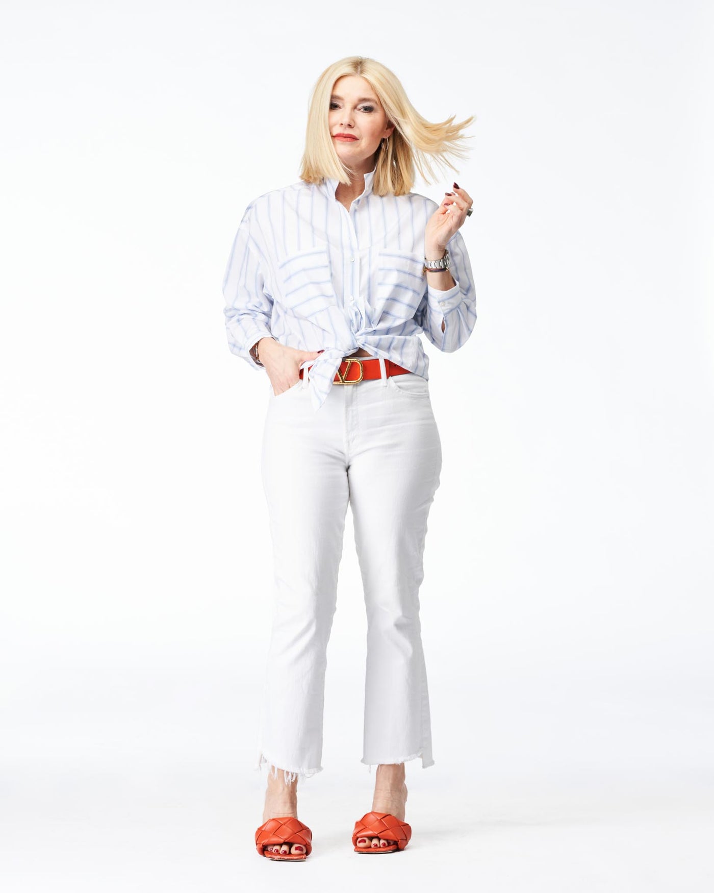 Stand-up collar blouse white & blue striped