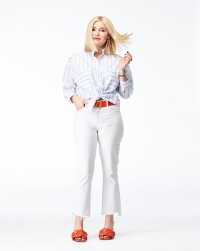 Stand-up collar blouse white & blue striped