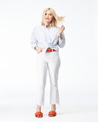 Stand-up collar blouse white &amp; blue striped