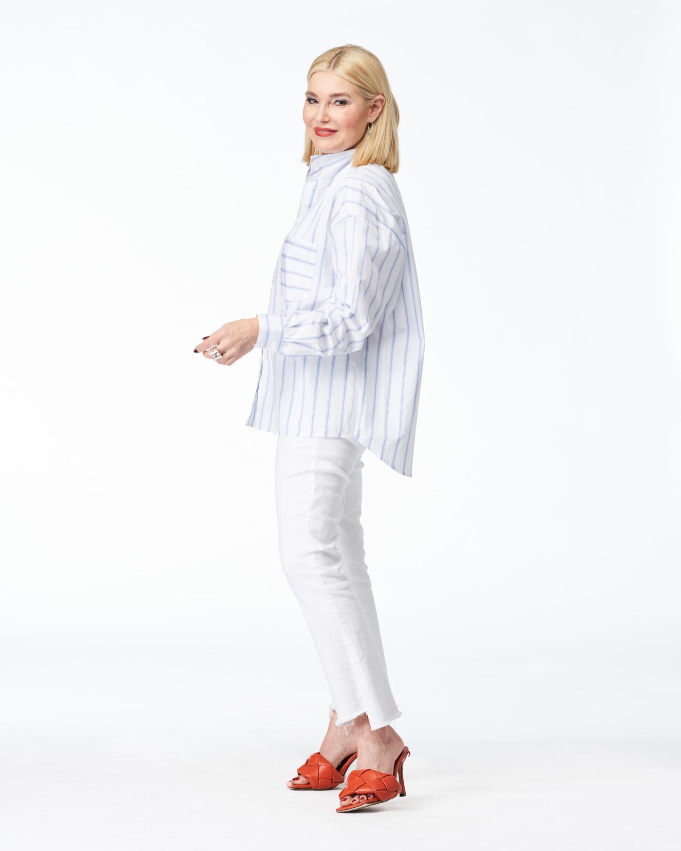 Stand-up collar blouse white & blue striped