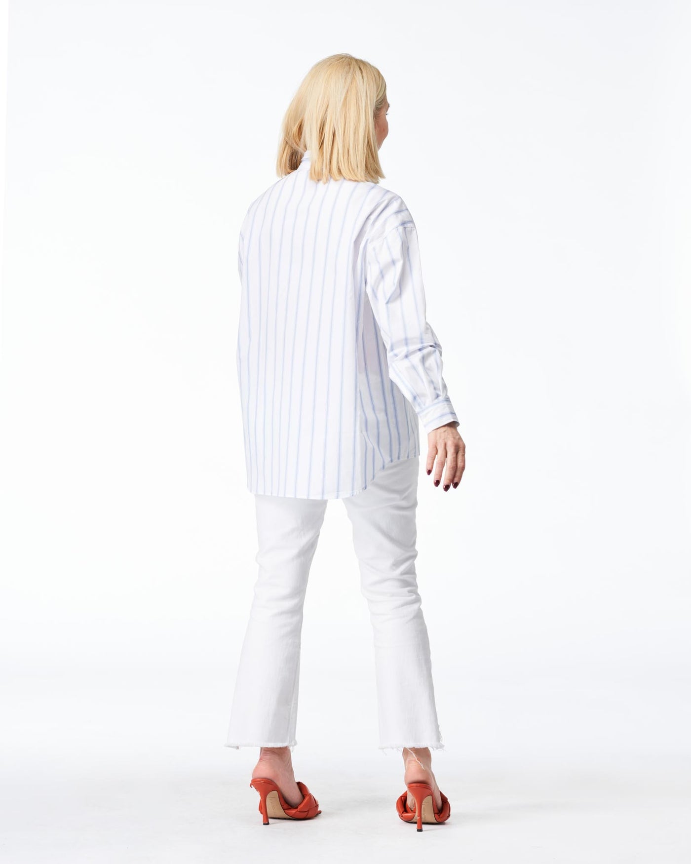 Stand-up collar blouse white & blue striped