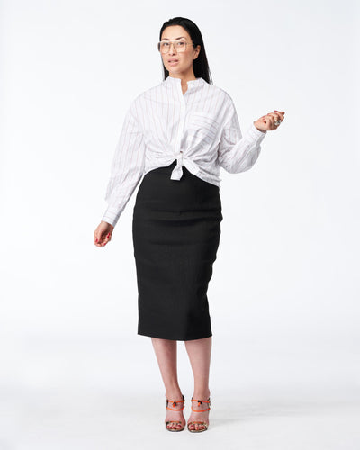 Stand-up collar blouse white &amp; cognac striped