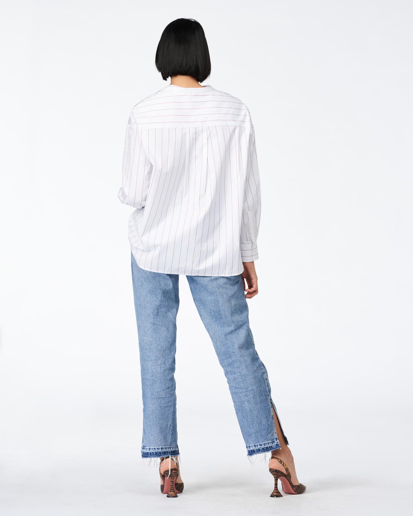 Stand collar blouse white&cognac striped