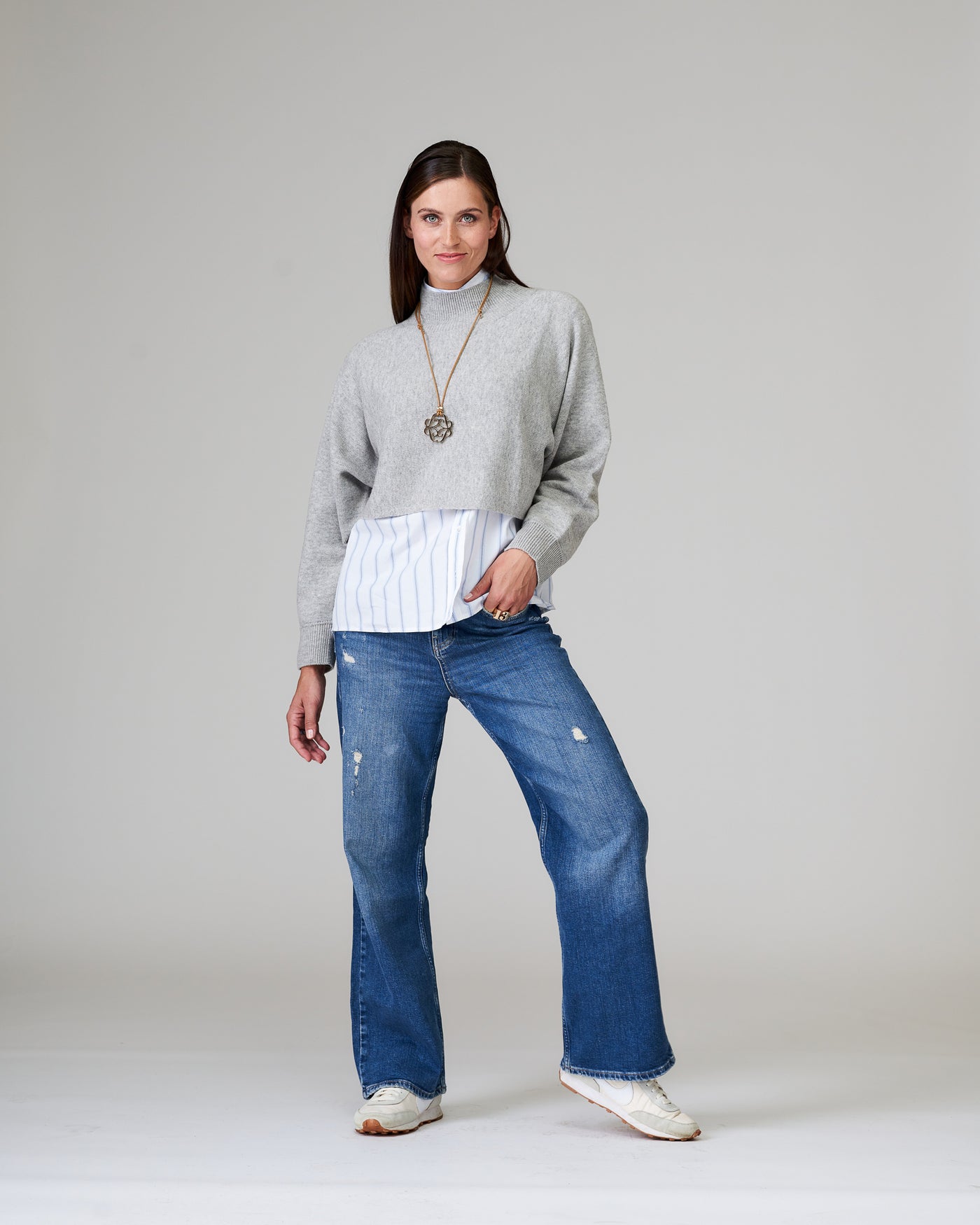 Cropped Turtle Pullover Grau Melange