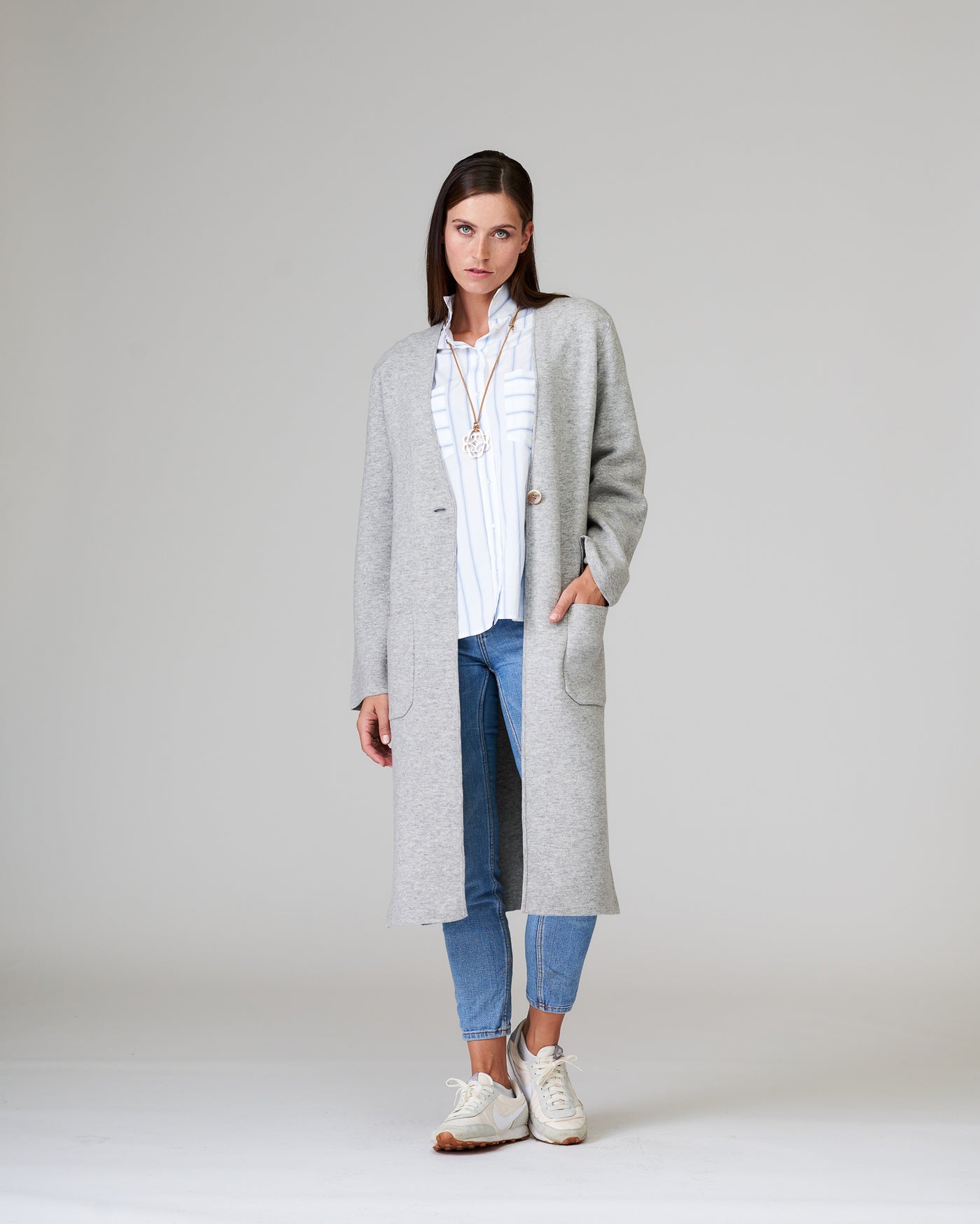 Long knitted coat gray melange