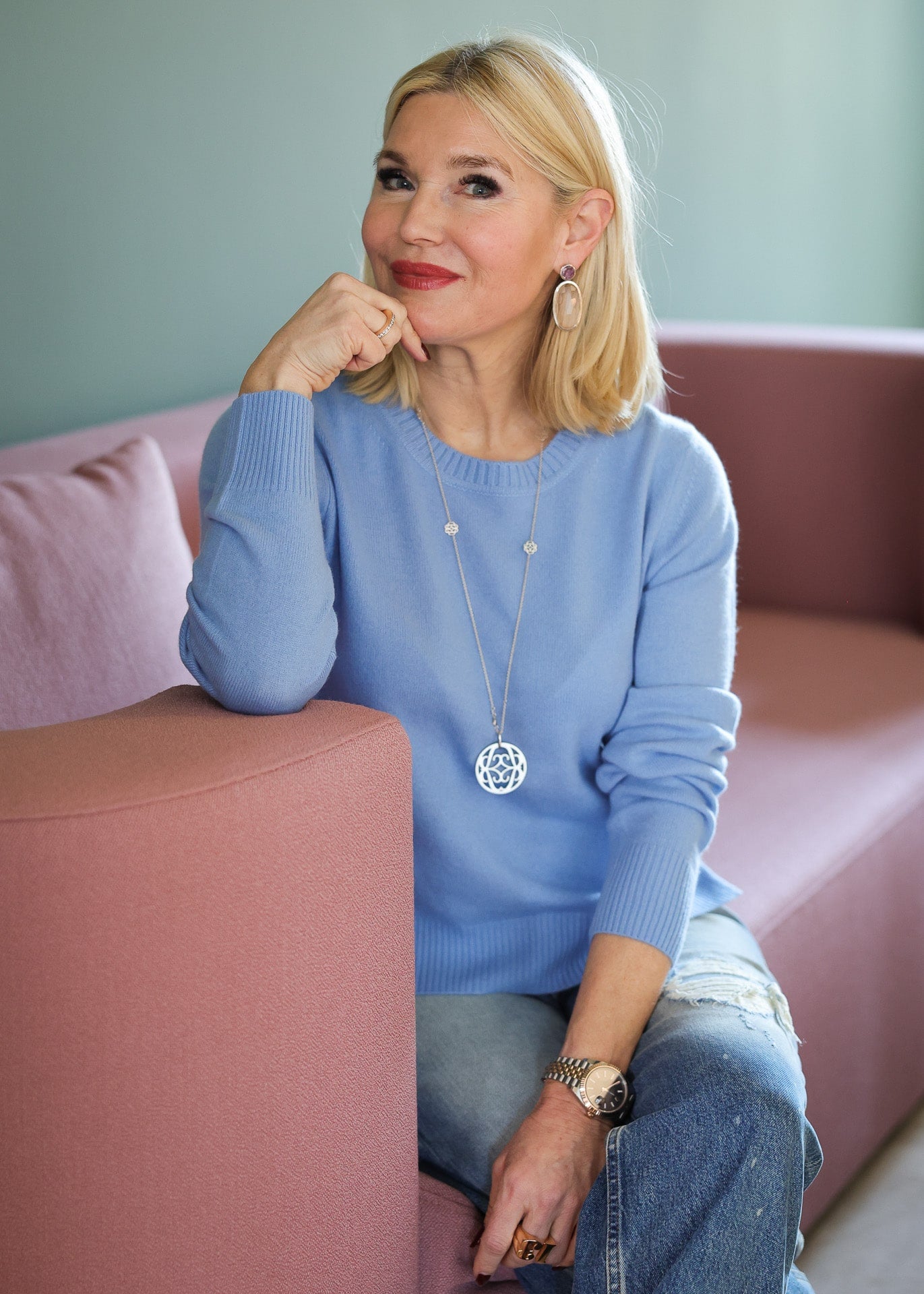 Cashmere sweater long-sleeved azure