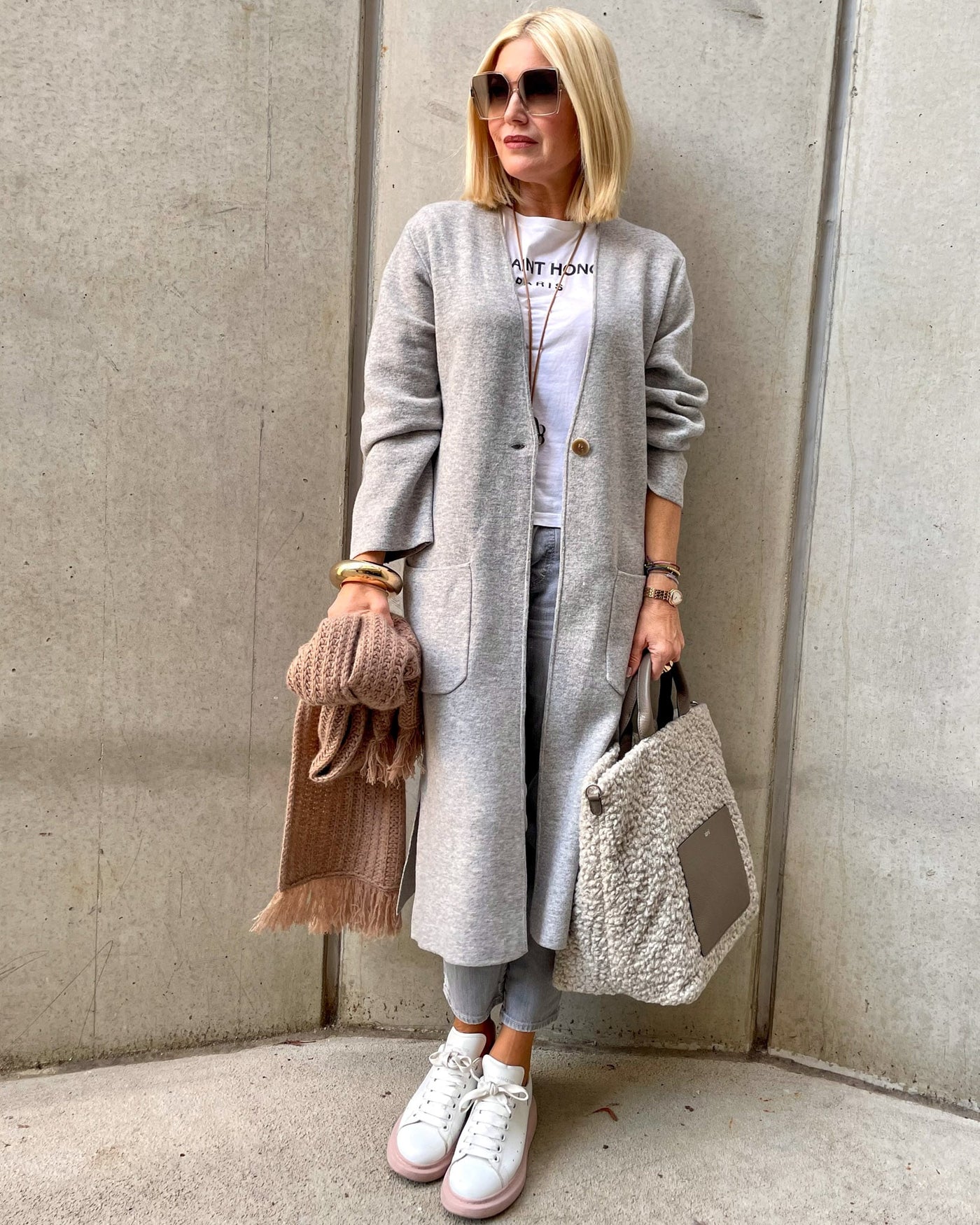 Long knitted coat gray melange